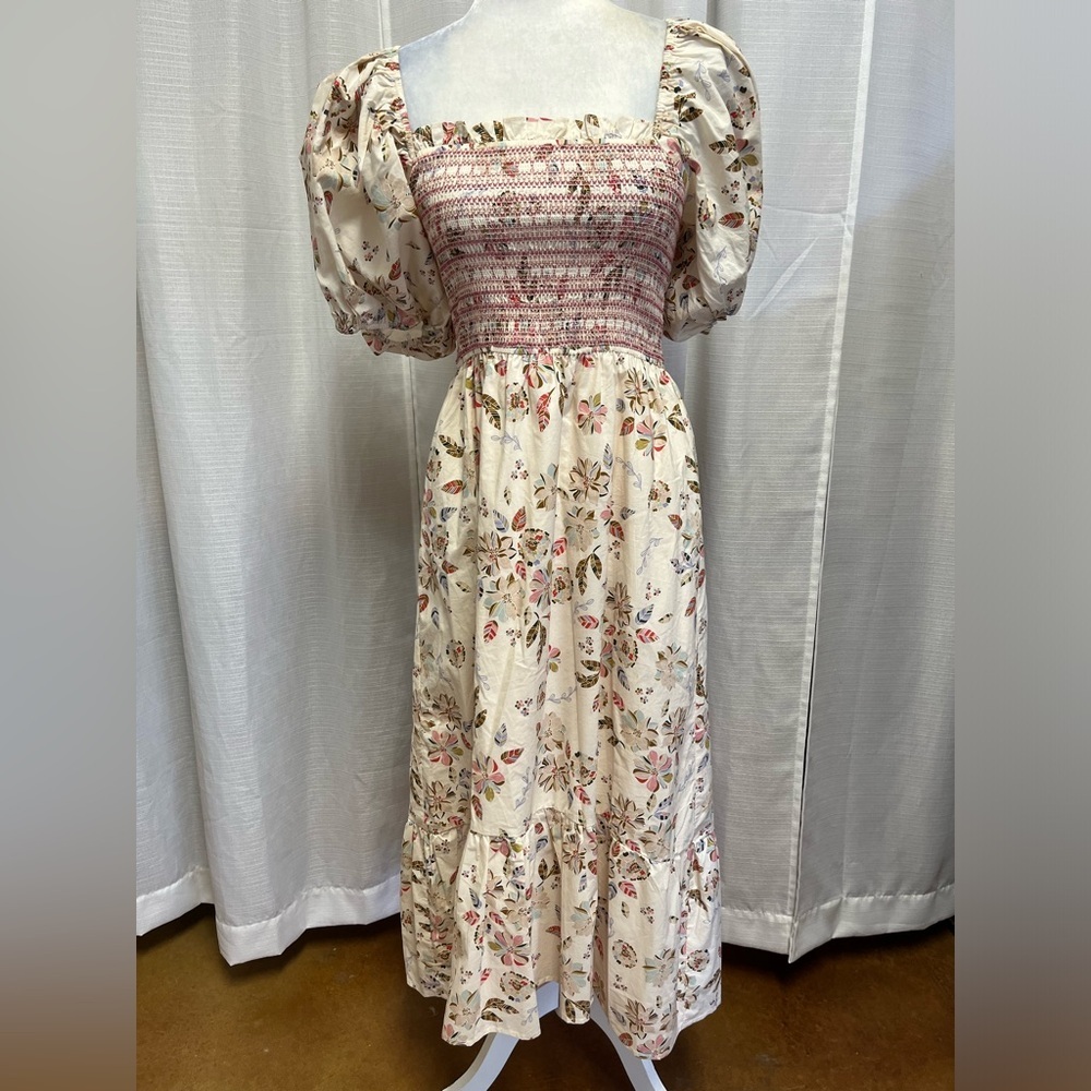 moodie Cream Floral Smocked Midi Dress with Puff Sleeves